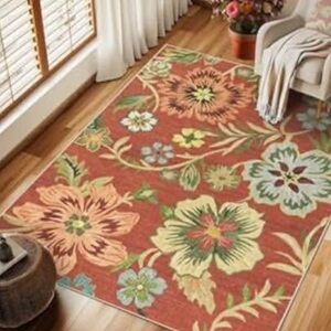 5x7 Machine Washable Floral Low Pile Area Rug - Red and Green - Soft & Velvety